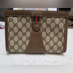Vintage Gucci GG Supreme Clutch Web Stripe Brown Leather Trim Italy